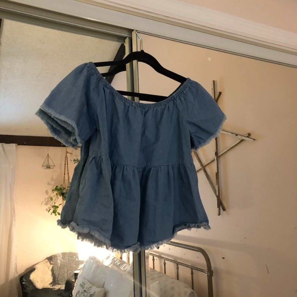 Chambray Off The Shoulder Peplum Shirt